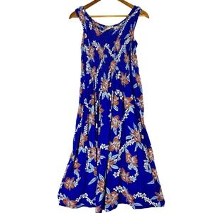 Vtg Hilo Hattie Hawaiian Dress One Size Maxi Smocked Blue Floral Luau Sleeveless